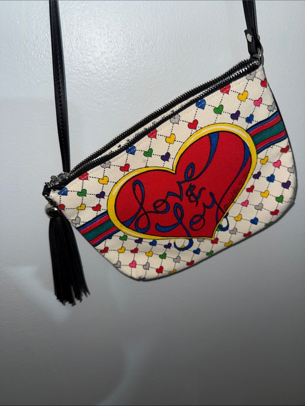Brighton Cream Crossbody Bag with Red Heart and Black Tassel